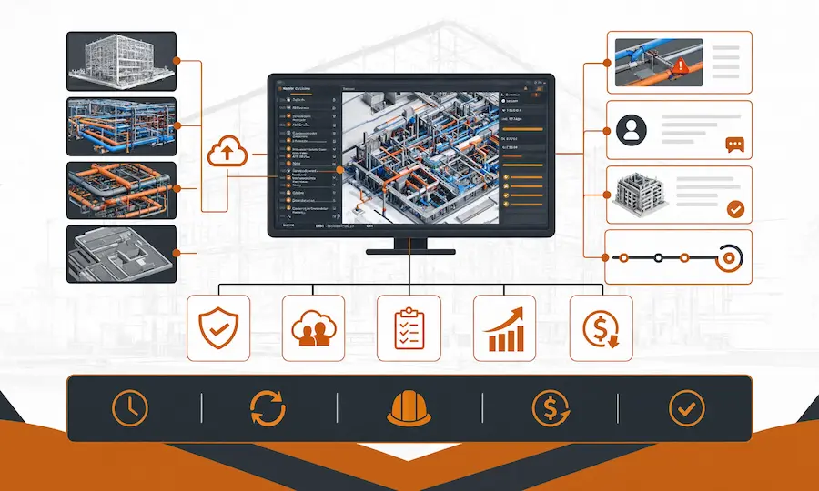 A central CDE interface linked to discipline models, clash results, issue assignments, and revisions, with icons reinforcing collaboration, version control, and cost savings.