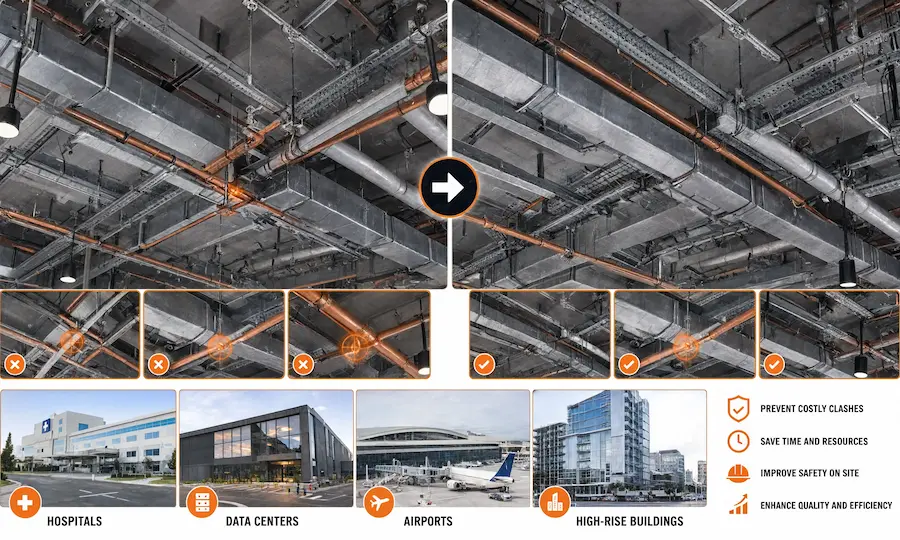 A dense ceiling void with ductwork, sprinkler piping, cable trays, and lighting, showing conflict points versus a resolved model, plus building-type cues for hospitals, data centers, airports, and high-rises.