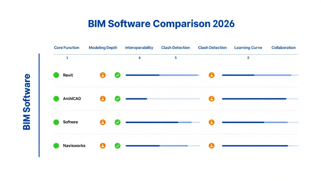 Comparison table of the top 10 BIM software tools in 2026 showing features, pros, and cons for Revit, ArchiCAD, and Navisworks.