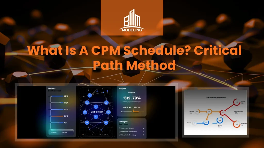 Infographic explaining what is a CPM Schedule (Critical Path Method) featuring data visualizations, network diagrams, and project progress tracking metrics.