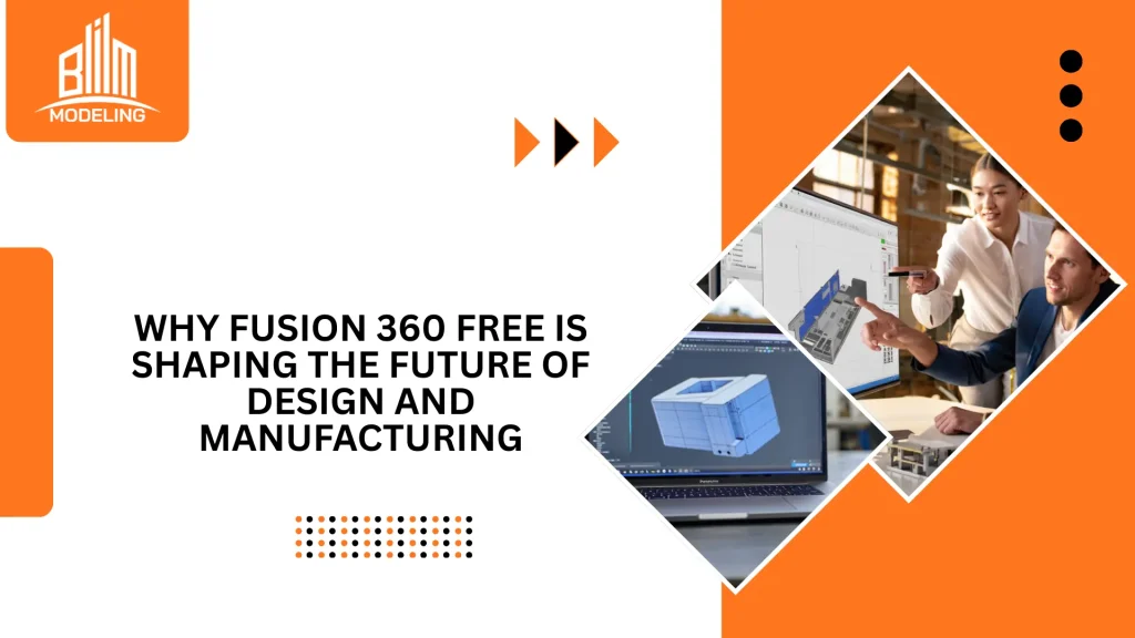 Infographic for Fusion 360 free showing designers collaborating on a 3D model, a laptop displaying BIM software, and the title 'Why Fusion 360 Free is Shaping the Future of Design and Manufacturing