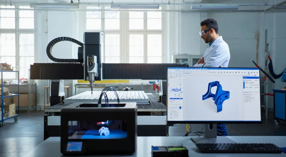 An engineer using Fusion 360 software on a computer to design a complex 3D part alongside an active 3D printer and CNC machine in a modern manufacturing facility.