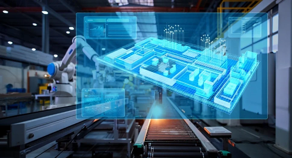 3D digital model demonstrating BIM for industrial facilities overlaid on a robotic factory conveyor line.