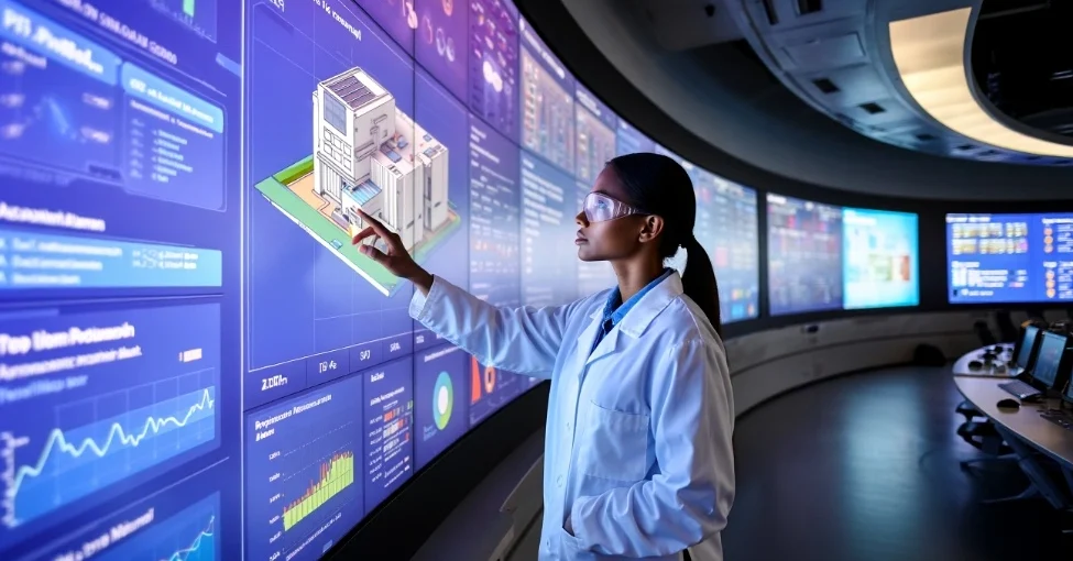 Operations manager using a digital dashboard with a 3D building model and data charts to monitor IoT-BIM integration.