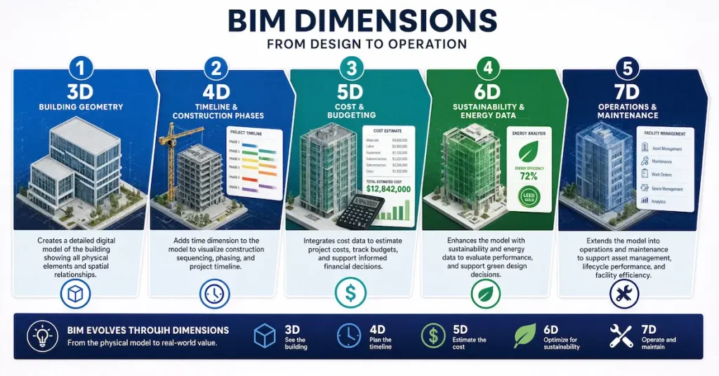 a stepped 3D–7D layout with isometric building models, dashboards, and short explanations under each stage.