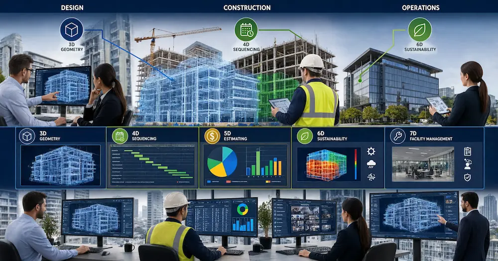 a design→construction→operations lifecycle with professionals collaborating around a shared model plus overlay dashboards for each dimension.