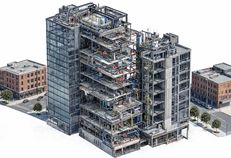 3D BIM cutaway model showing MEP systems for a distribution logistics center.