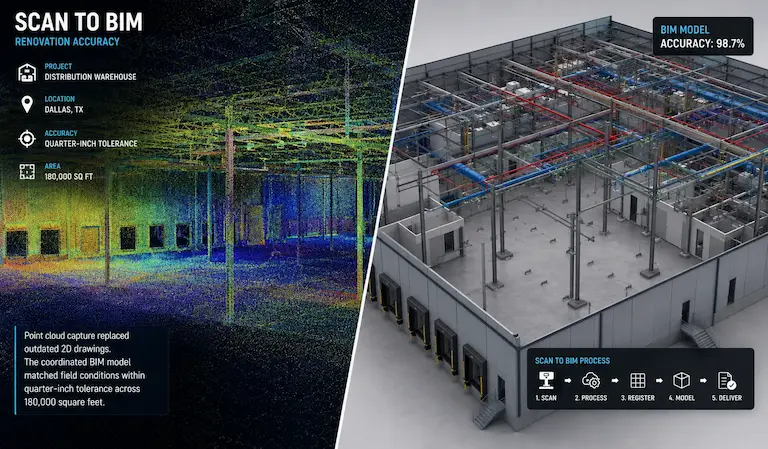 Scan to BIM 3D model comparison highlighting warehouse renovation accuracy.