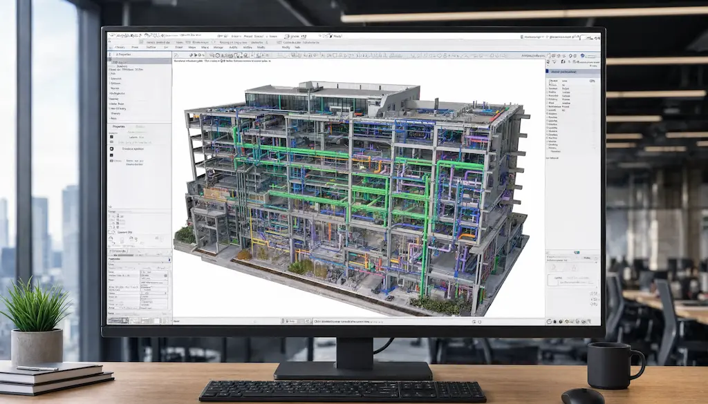 A detailed color-coded model showing structural, architectural, and MEP systems together.