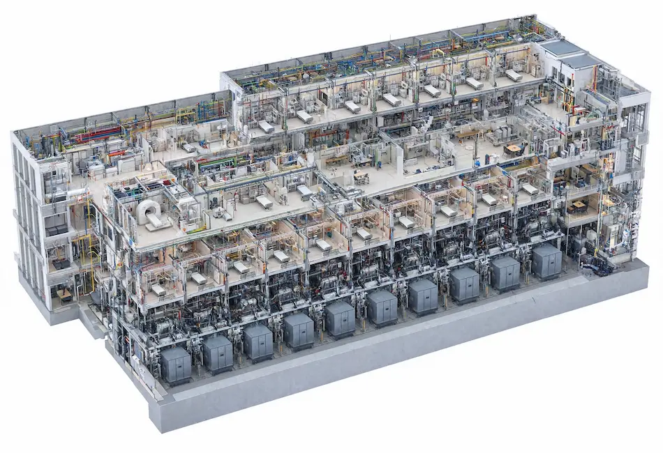 Detailed 3D BIM cross-section model of a multi-story healthcare facility.