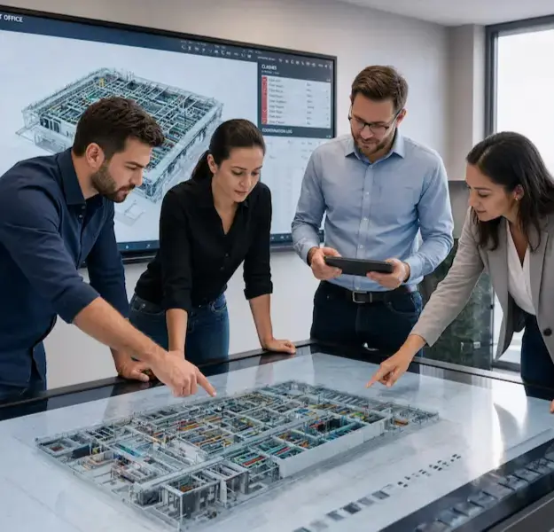 a multidisciplinary team collaborating around a 3D model touchscreen table.