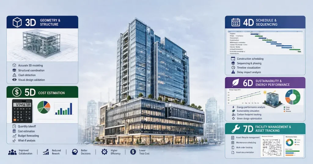 A BIM Dimensions central commercial tower model framed by five color-coded 3D–7D panels with labels and benefit icons.