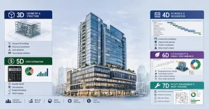 A BIM Dimensions central commercial tower model framed by five color-coded 3D–7D panels with labels and benefit icons.
