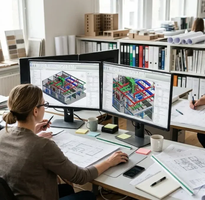 Team of engineers and architects working on computers displaying 3D BIM modeling service