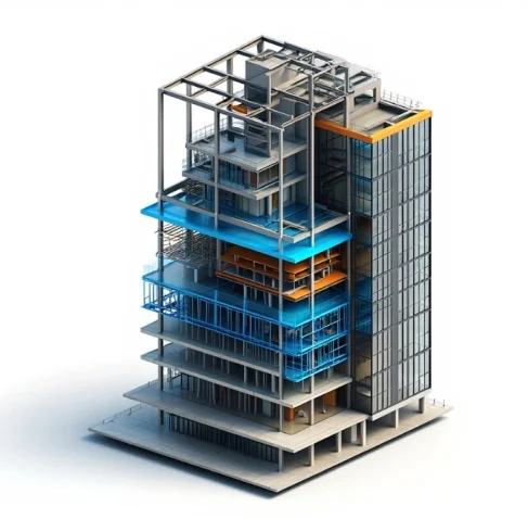 A 3D structural cutaway of a multi-story building showing the steel skeleton and glass facade, illustrating professional Fabrication shop drawing services in Vermont.