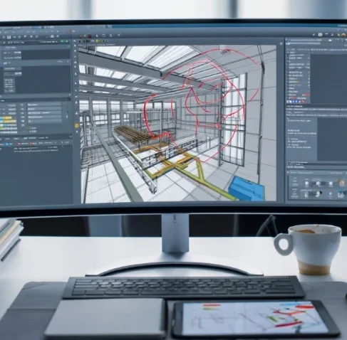 A high-tech BIM workstation with multiple monitors displaying complex 3D architectural models and redline revisions, representing a premier Shop Drawing Company in Massachusetts.