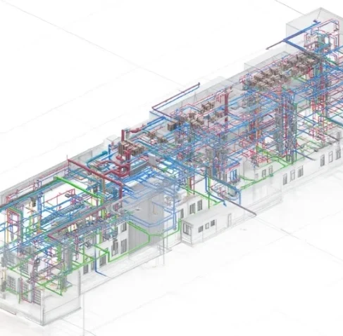 A dual-monitor workstation at a Shop Drawing Company in Missouri displaying a 3D structural model and detailed technical 2D blueprints alongside a yellow safety helmet.