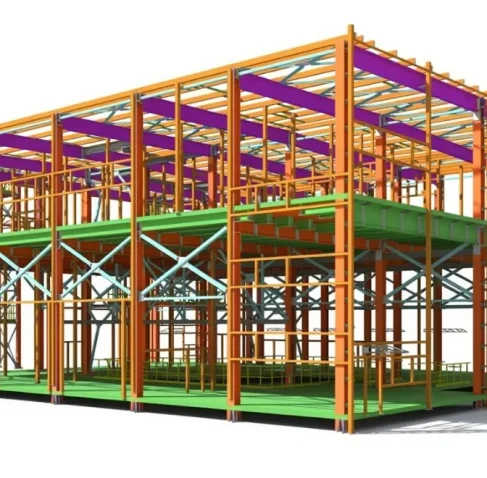A colorful 3D model of a multi-story structural steel framework, demonstrating the precise details provided by shop drawings in construction in Rhode Island to ensure accurate assembly