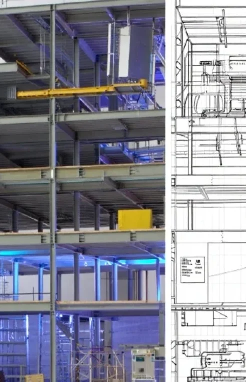 Side-by-side comparison of a multi-story steel building frame and its corresponding technical blueprint, representing a professional Shop Drawing Service in Maryland.