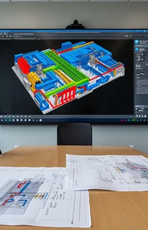 A conference room displaying a complex, color-coded MEP coordination model on a large screen, provided by a leading Shop Drawing Service South Carolina.