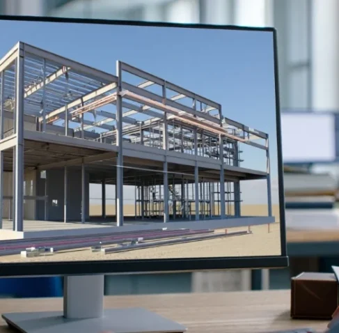 3D digital model of a structural steel building frame on a computer monitor, illustrating professional Steel Shop Drawing Services in Alabama.