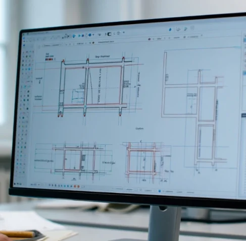 A professional workstation showing a high-resolution monitor displaying detailed architectural blueprints and CAD software. This setup represents how to outsource shop drawing services in Louisiana for precision engineering and construction projects.