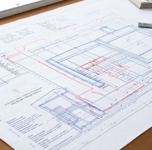 Detailed architectural blueprints and technical drafts on a wooden desk featuring precise Shop Drawing Services in Maryland for construction projects.