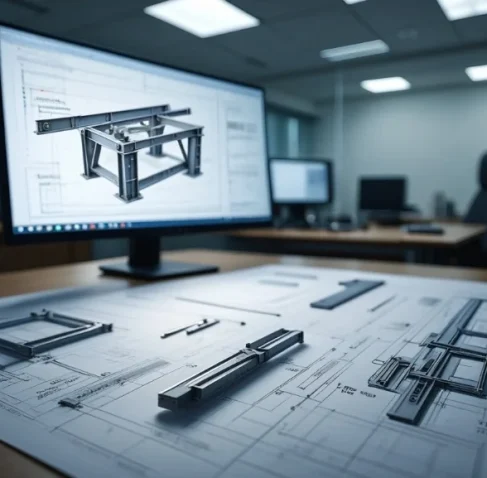 Professional workstation featuring a 3D structural model on a monitor and printed blueprints, representing Shop Drawing Services South Carolina