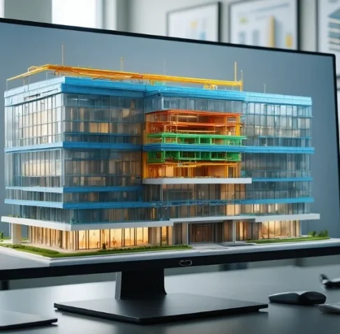 3D building model on a monitor representing professional Shop Drawing Services in West Virginia