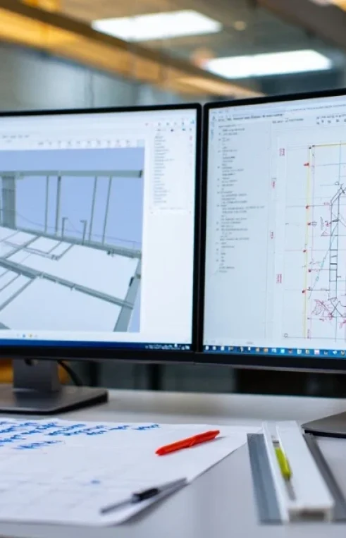 A side-by-side comparison of a colorful 3D building cutaway and a technical line drawing, showcasing the precision of Shop drawing companies in Missouri.