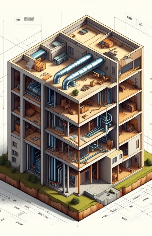 Detailed isometric architectural cutaway showing internal floor plans and mechanical ducting, a specialty of top Shop drawings companies in Vermont.