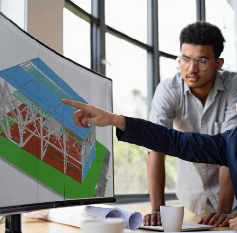 A diverse team of engineers and architects in a South Dakota shop drawing company reviewing a 3D structural model on a large monitor.