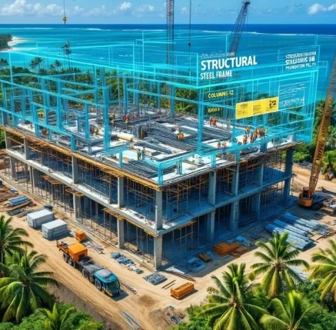 3D structural steel frame overlay on a construction site for construction shop drawings in Hawaii.