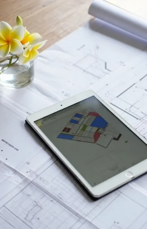 Architectural blueprints and a digital tablet displaying floor plans from shop drawings companies in Hawaii.